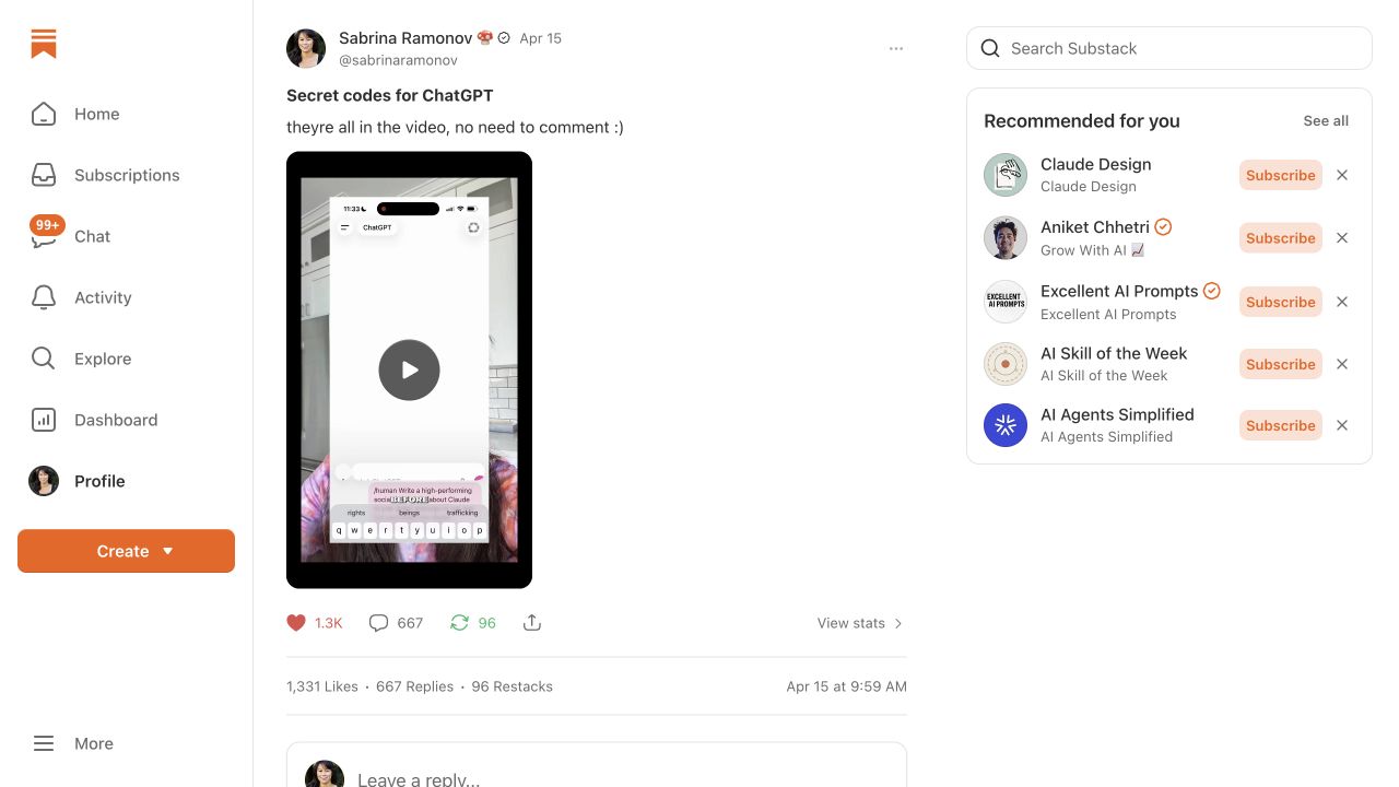 The Secret Codes video published as a Substack Note