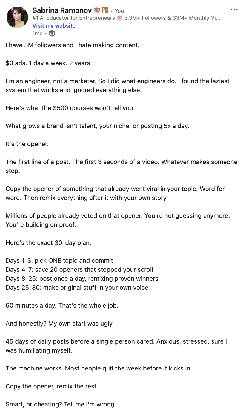 Sabrina's LinkedIn post repurposed from the original long-form piece
